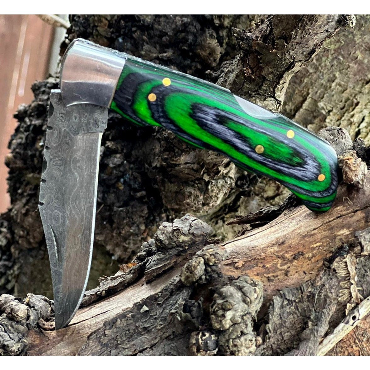 Damascus Pocket Knife With Green Wood & Bone Handle Personalized Groomsman  Pocket Knife, Damascus Knives With Emerald Color Wood Handle 