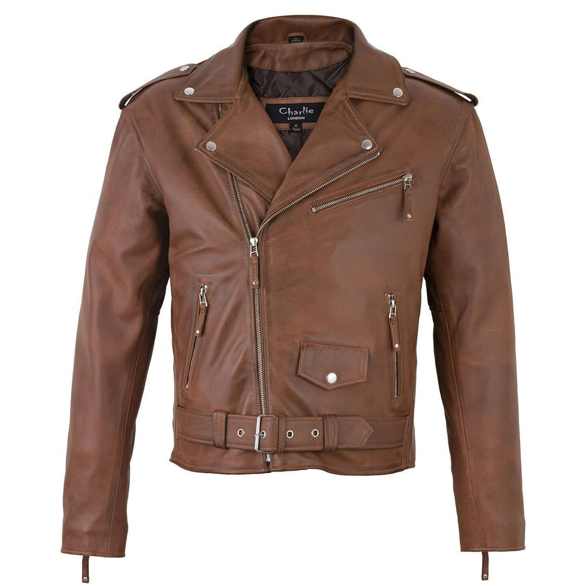 Men's Belted Cross Zip Brando Biker Tan Leather Jacket– Charlie London ...