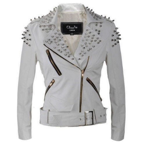 Womens White Studded Punk Leather Jacket