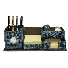 Executive Crocodile Embossed Leather Desk Organiser | Valet Tray with Clock